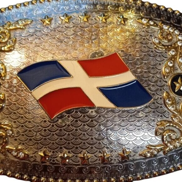 Belt Buckle Flag Dominican Republic Clear Stones Silver Gold Enamel Stars Foral - Picture 2 of 11